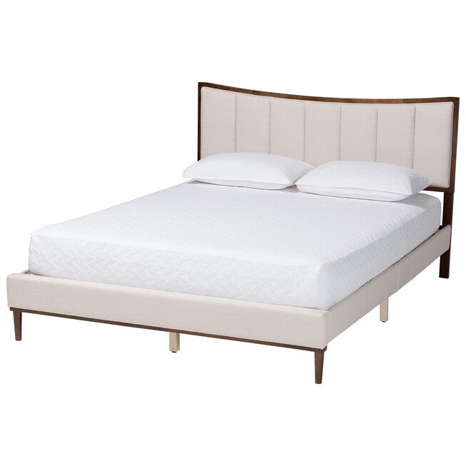 Nikolai Mid-Century Channel Tufted Beige Fabric and Wenge Brown Wood Queen Bed, BEIGE/WENG, alternate image number null