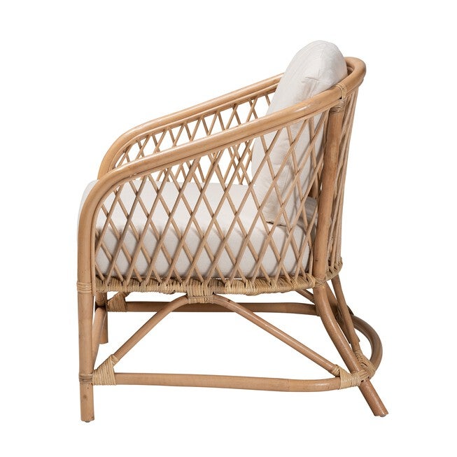 Patsy Modern Bohemian White Fabric And Natural Brown Rattan Armchair, , alternate image number 2