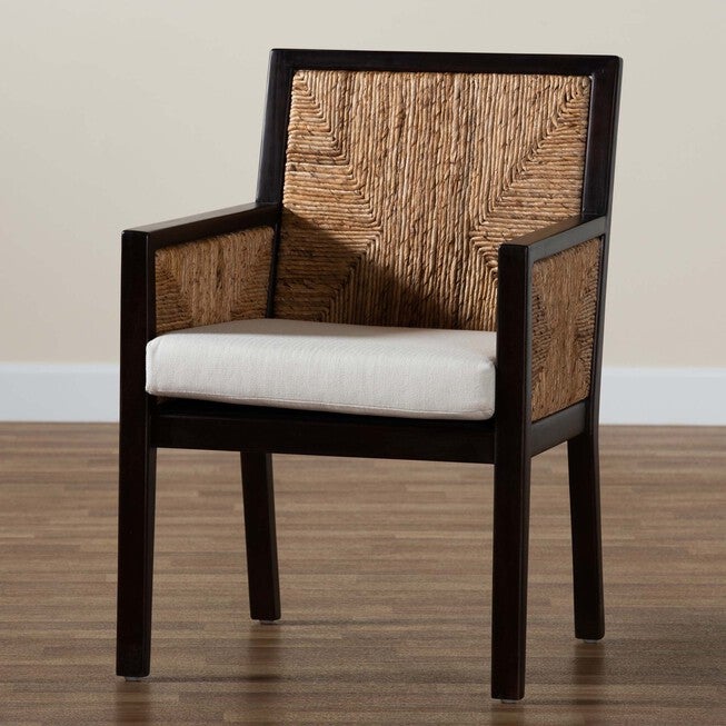 Joana Modern Bohemian Dark Brown Mahogany Wood And Natural Seagrass Dining Arm Chair, , alternate image number 7