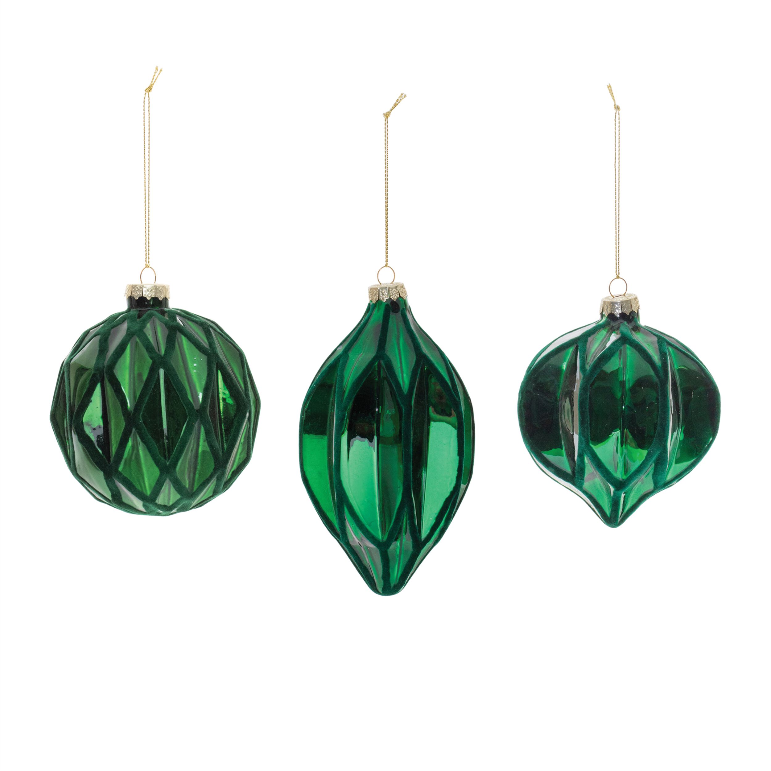 Green Textured Harlequin Glass Ornament (Set of 6), GREEN, alternate image number 3