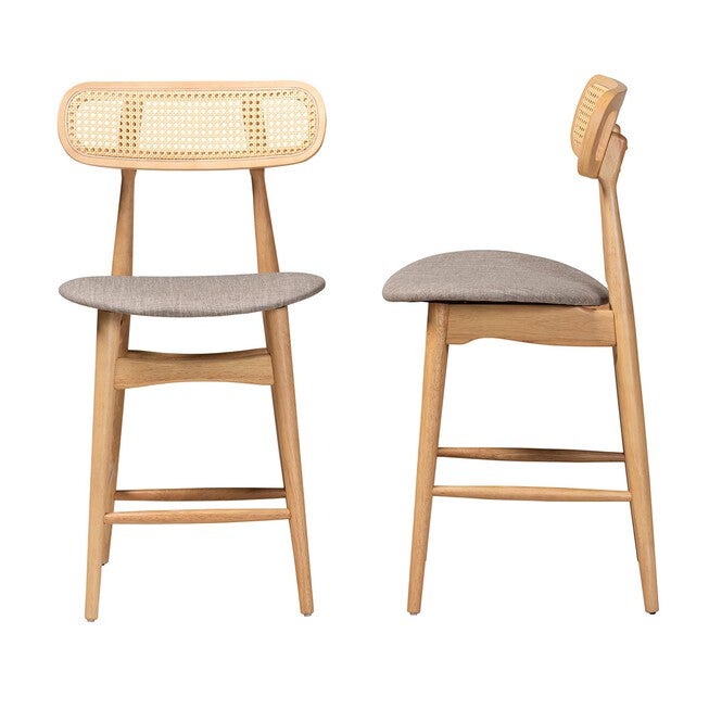 Tarana Mid-Century Modern Grey Fabric And Walnut Brown Finished Wood 2-Piece Counter Stool Set, , alternate image number null