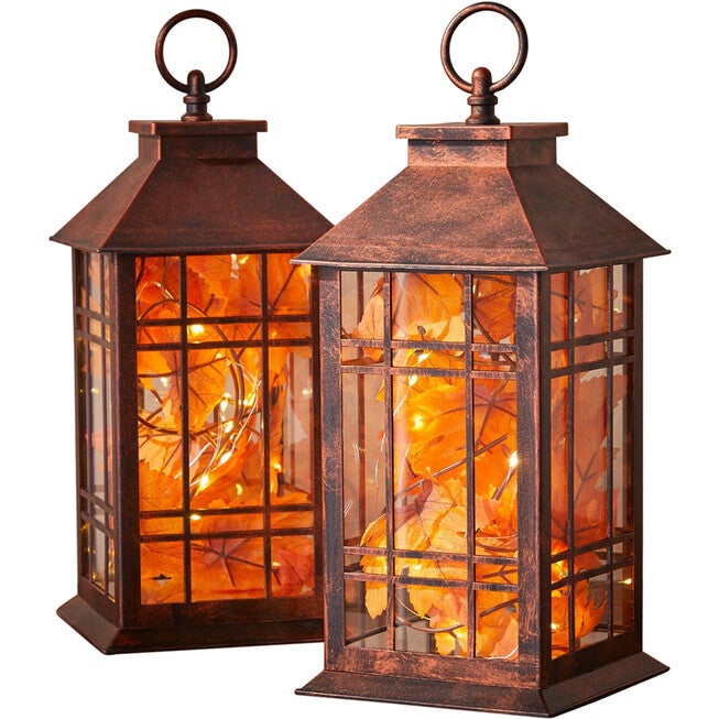 Set of 2 Harvest Maple Leaf Lanterns, BROWN, hi-res image number null