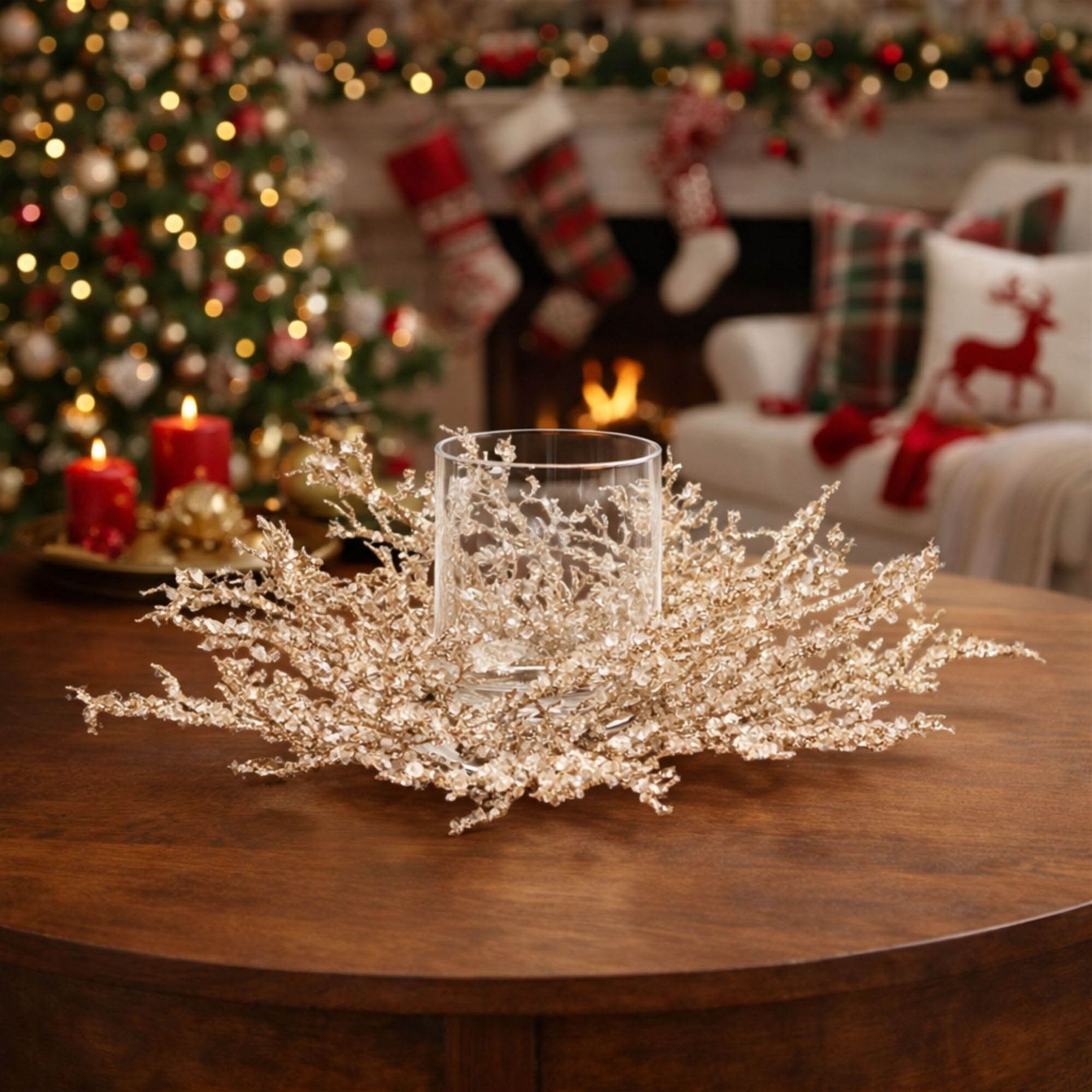 Icy Pine Candle Holder Centerpiece 16 inchesD, GOLD, alternate image number 2