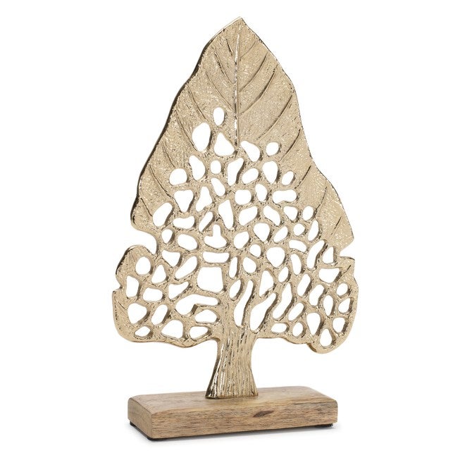 Modern Metal Leaf Tree on Wood Base (Set of 2), GOLD, alternate image number 1