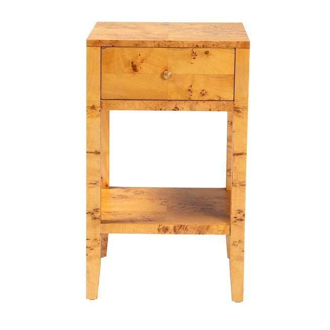 Ghina Modern and Contemporary Natural Light Mappa Real Burl Wood 1-Drawer Nightstand, LIGHT MAPPA BURL, alternate image number null