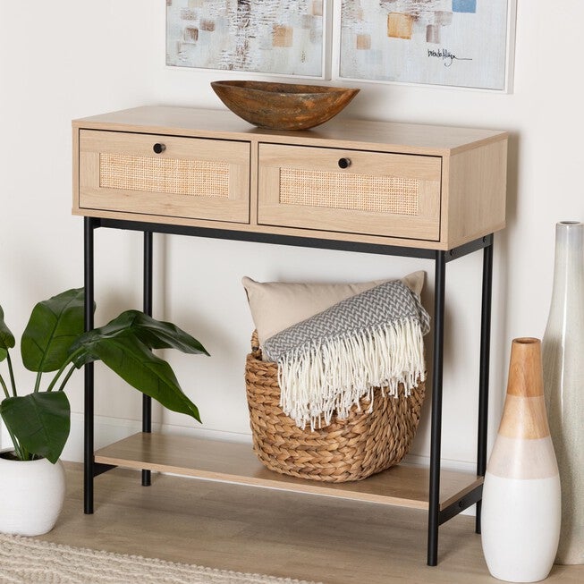 Sherwin Mid-Century Modern Light Brown And Black 2-Drawer Console Table With Woven Rattan Accent, , alternate image number 7