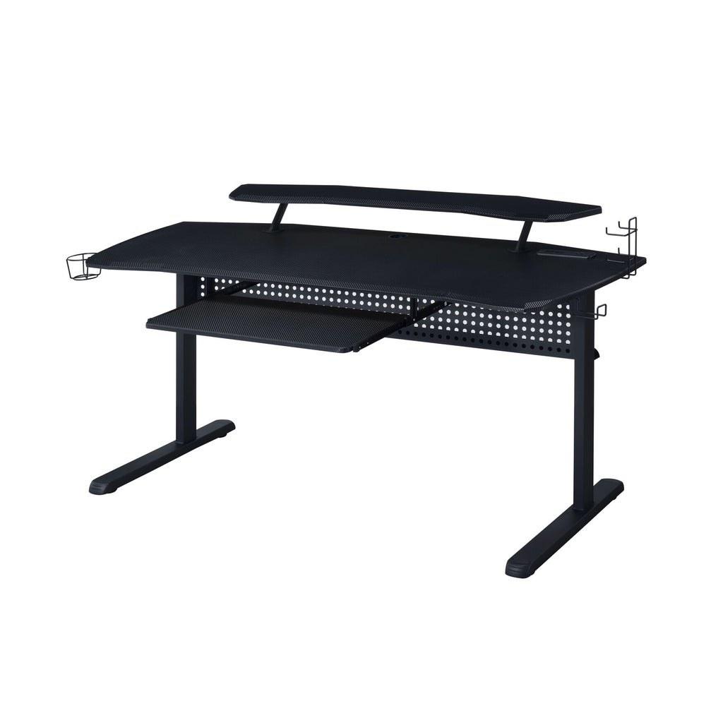 Desk with keyboard tray extended and pegboard panel