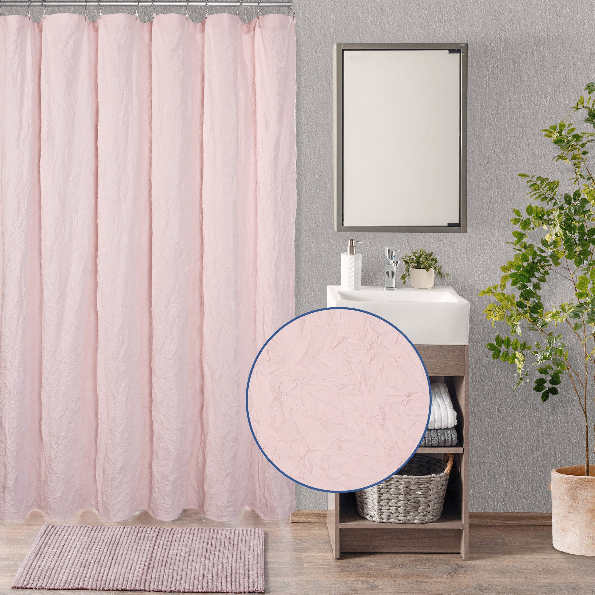 Crinkle Eco-friendly Water Repellent Solid Texture Shower Curtain, BLUSH, hi-res image number 0
