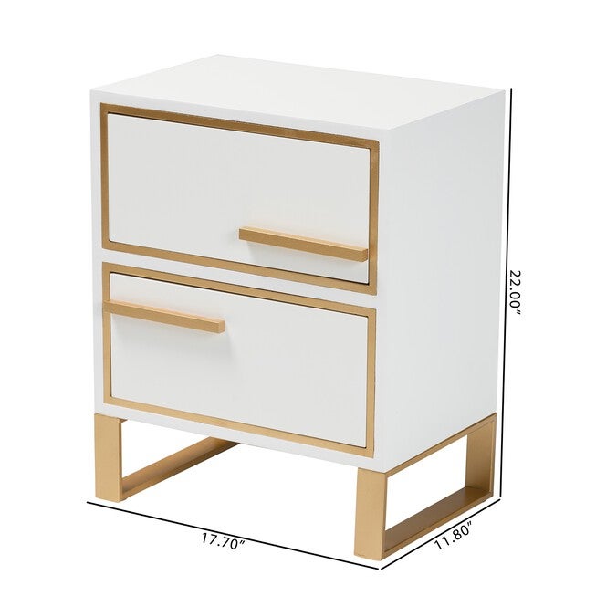 Giolla Contemporary Glam And Luxe White Finished Wood And Gold Metal 2-Drawer Nightstand, , alternate image number null