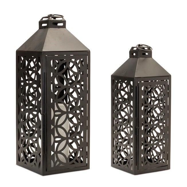 Ornate Geometric Metal Lantern (Set of 2), BLACK, hi-res image number 0
