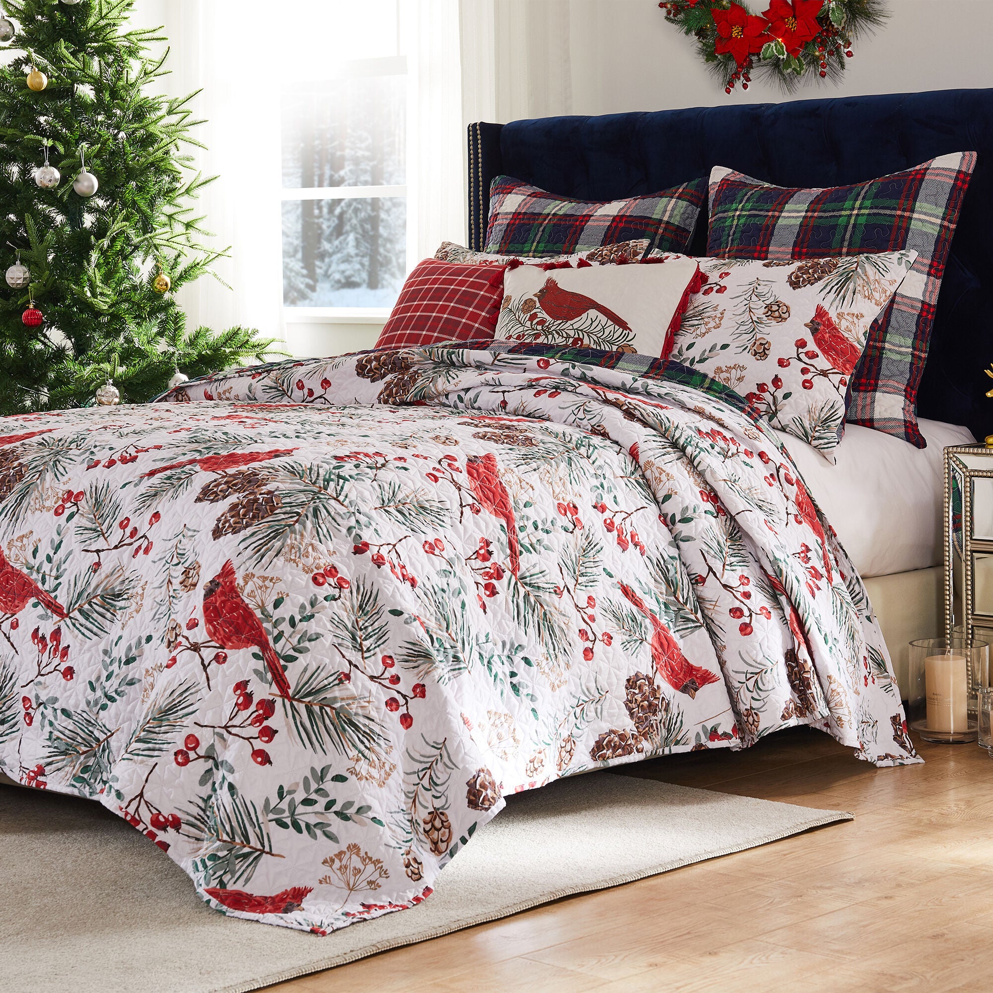 Cardinal Plaid Winter Wonderland Quilt Set, Red, 2-Piece Twin, RED, hi-res image number 0