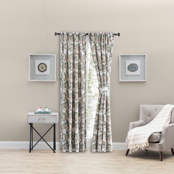 Wynette Multi Colored Jacobean Floral- Lined Tailored Pair With Tiebacks, GREY, hi-res image number null
