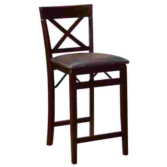 Dark wood counter stool with black seat and X-back design on a white background