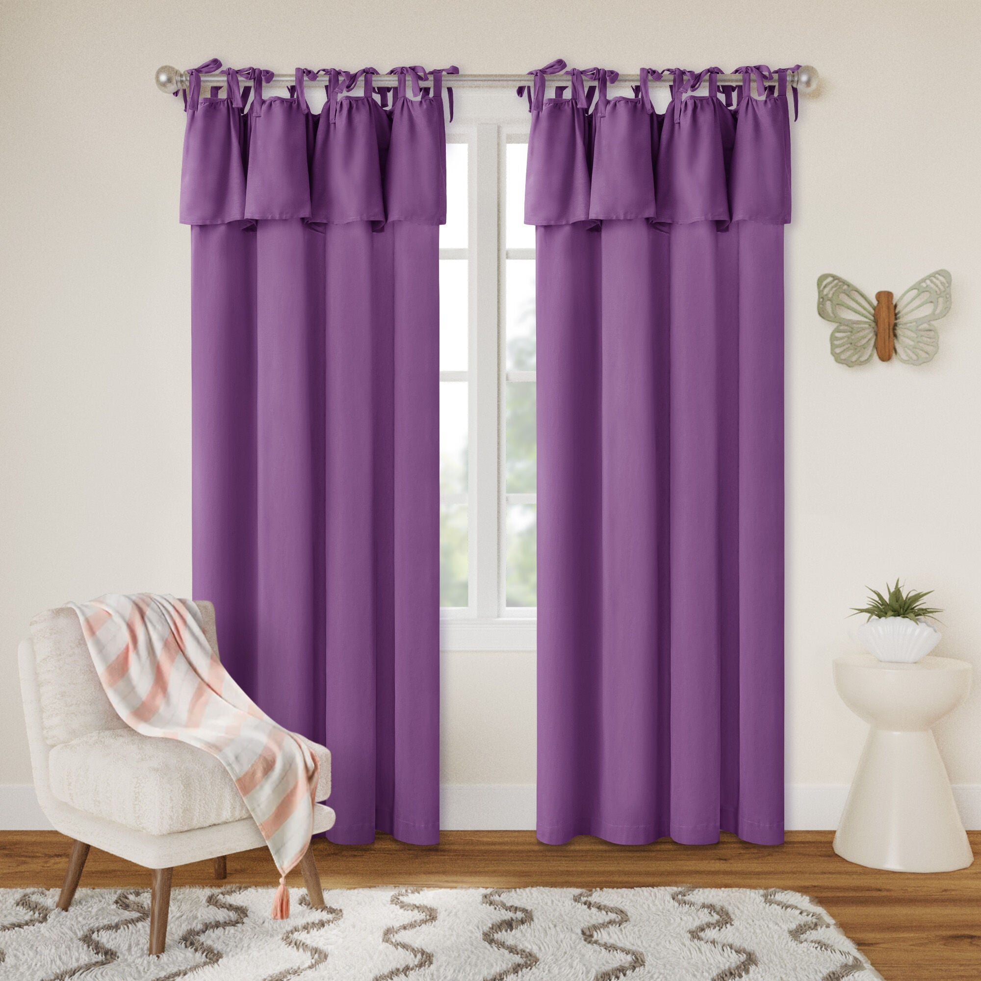 Recycled Cotton Blend Ruffle Tie Top Curtain Pair, PURPLE, hi-res image number 0