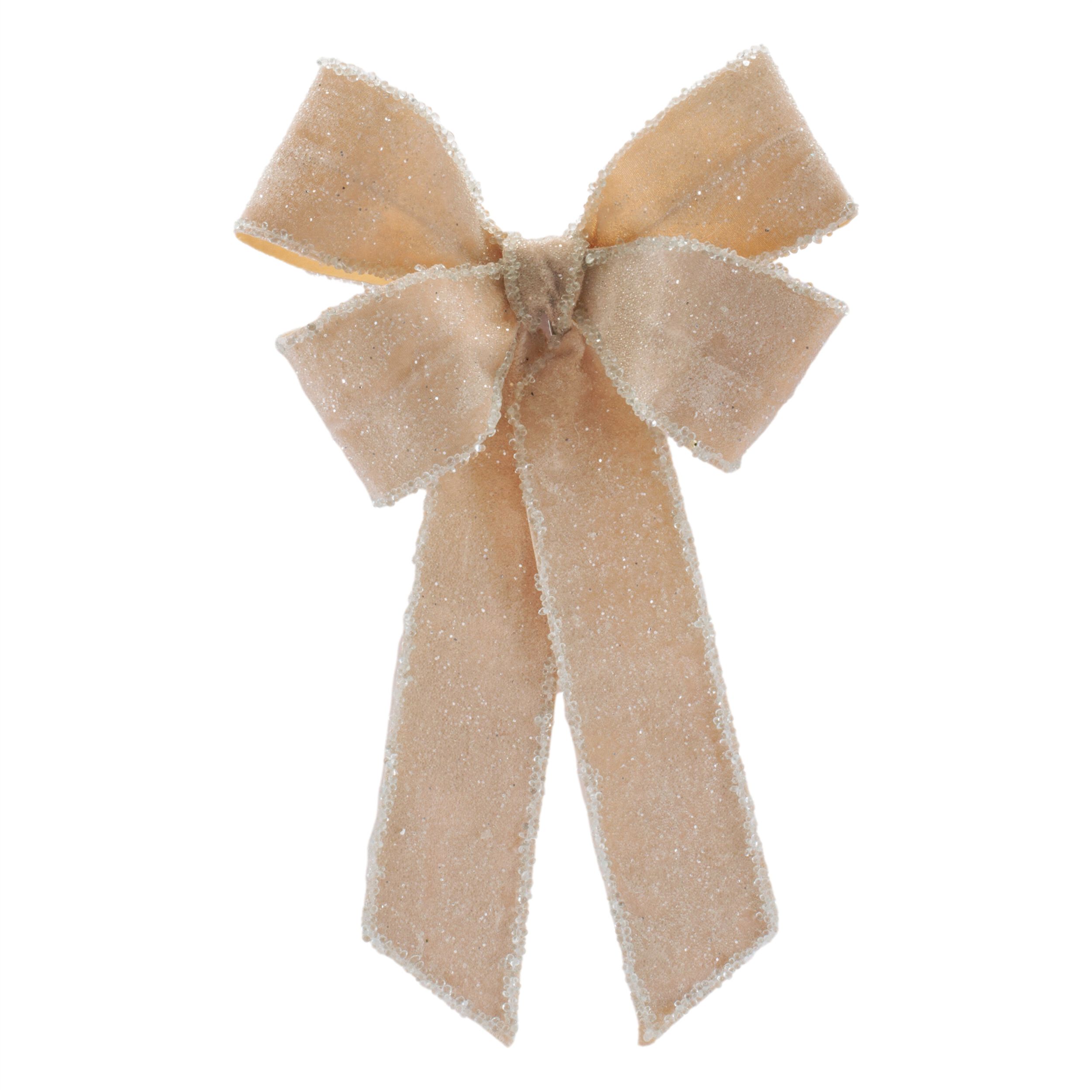 Glittered Velvet Bow Ornament (Set of 2), CREAM, hi-res image number 0