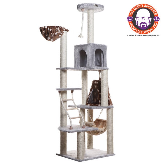 Real Wood 78 inches Cat Climber Play House With Lounge Basket, SILVER, hi-res image number 0