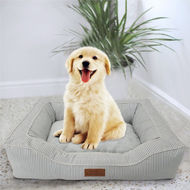 Stripe Printing poly-cotton bolster with detachable faux fur cushion Medium Size, STRIPE GREY, hi-res image number 0