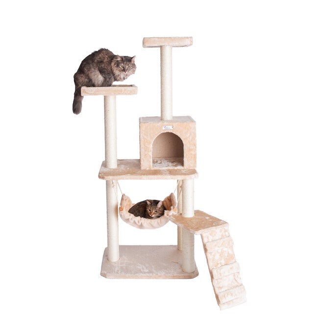 Gleepet 57 inches Real Wood Cat Tree With Perches, Running Ramp, Condo And Hammock, BEIGE, hi-res image number 0