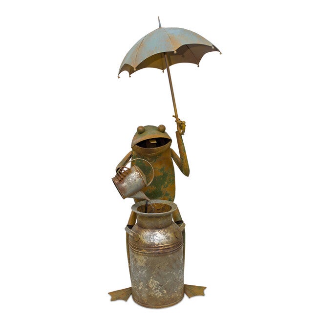Rustic Copper Metal Frog With Umbrella Fountain 53.75 inchesH, GREEN, hi-res image number 0