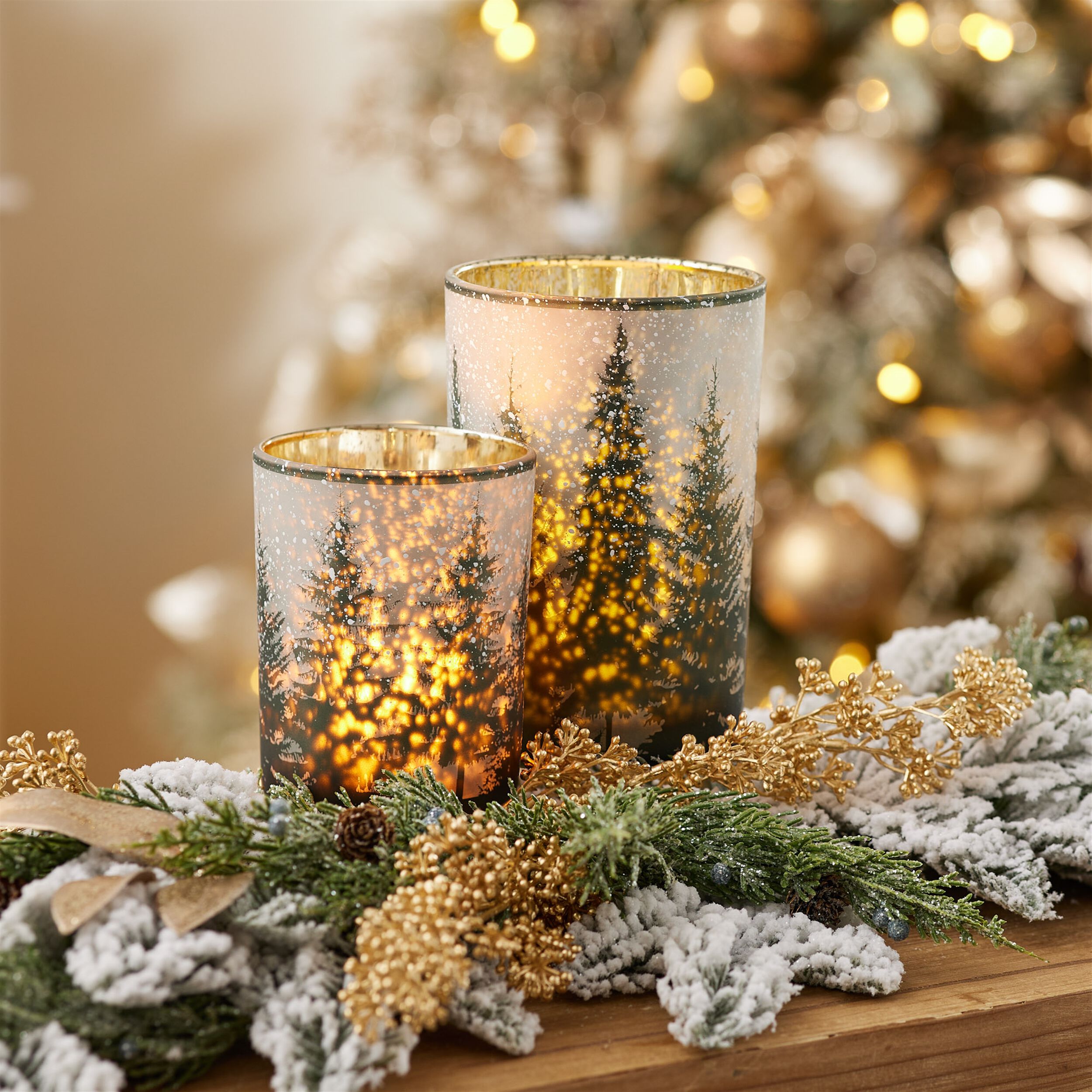 Frosted Pine Mercury Glass Candle Holder (Set of 2), GREEN GREY GOLD, alternate image number 2
