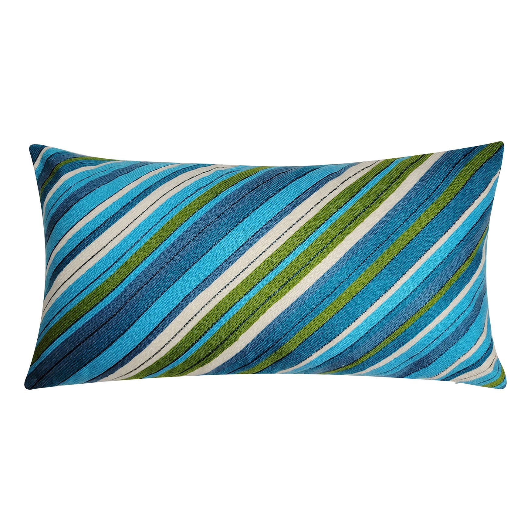 Edie @ Home Indoor/Outdoor Ombre Bias Crewel Embroidered Stripe Decorative Throw Pillow 12X24, Aqua Multi, AQUA MULTI, hi-res image number 0