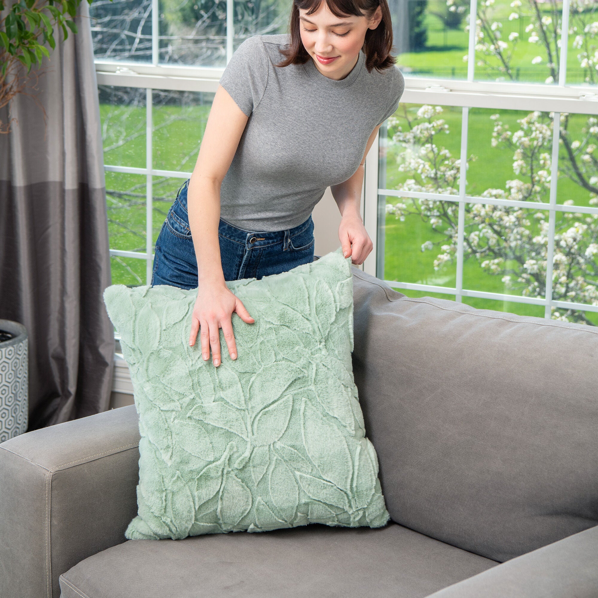 HGTV Triple Jacquard Carved Faux Fur Pillow Quietude 22 x 22 inches, MULTI, alternate image number 1