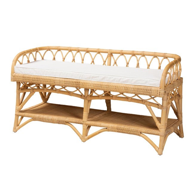 Leryn Modern Bohemian Natural Brown Rattan Bench, NATURAL BROWN RATTAN, hi-res image number null