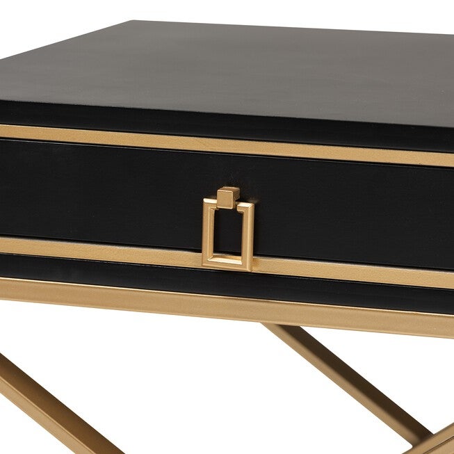 Lilibet Modern Glam And Luxe Black Finished Wood And Gold Metal 1-Drawer End Table, , alternate image number null