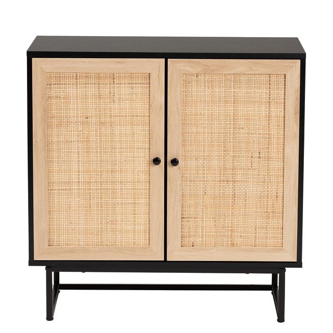 Declan Mid-Century Modern Espresso Brown Finished Wood And Natural Rattan 2-Door Storage Cabinet, , alternate image number 2