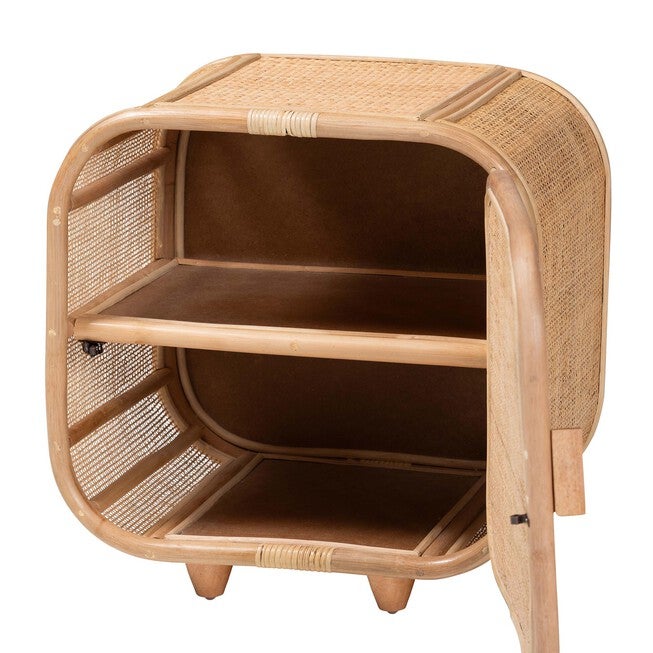 Keita Bohemian Natural Rattan And Mahogany Wood Nightstand, , on-hover image number null