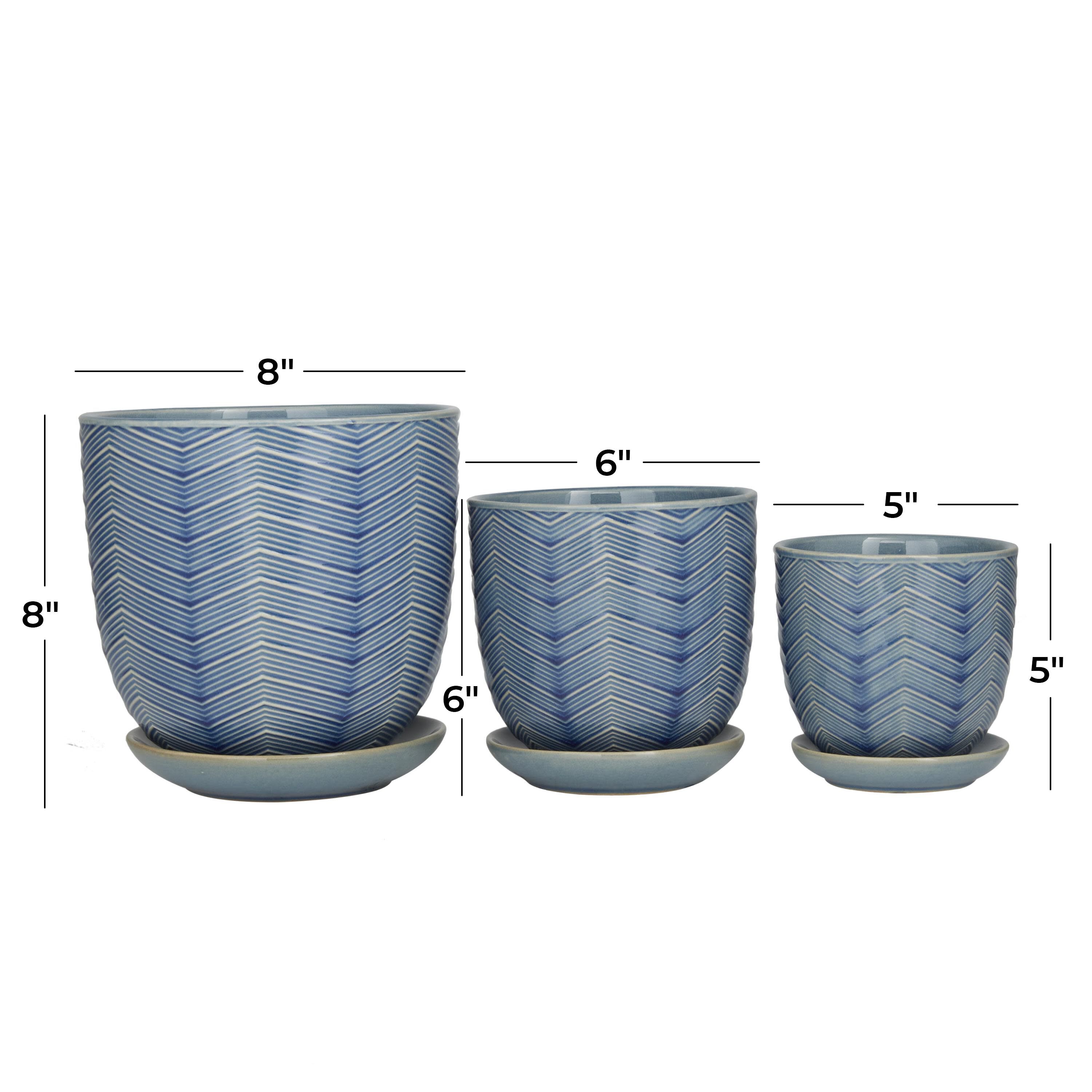 Blue Porcelain Ceramic  Indoor Outdoor Planter with Attached Saucer, Set of 3 8 inches, 6 inches, 5 inchesH, BLUE, alternate image number 5
