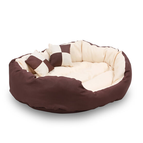 Happycare Tex Durable Bolster sleeper Oval Pet bed with removable reversible insert cushion and additional two pillow , Large 34 by 27 inches ,Brown to Beige, , alternate image number null