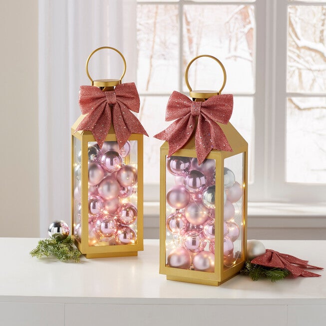 19 inchesH Gold Lantern with Ornaments, GOLD PINK, hi-res image number null