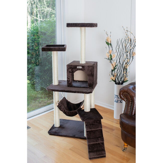 4 Level Gleepet Real Wood 57 inches Condo Cat Tree With Ramp, Hammock, , on-hover image number 1