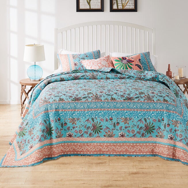Emma Reversible Cotton-Rich Bedspread Set, TURQUOISE, hi-res image number null