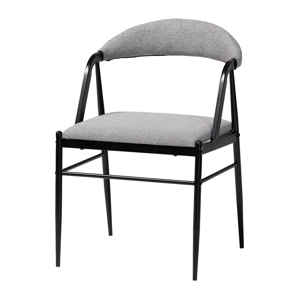 Close-up of chair seat and backrest in gray fabric with black frame