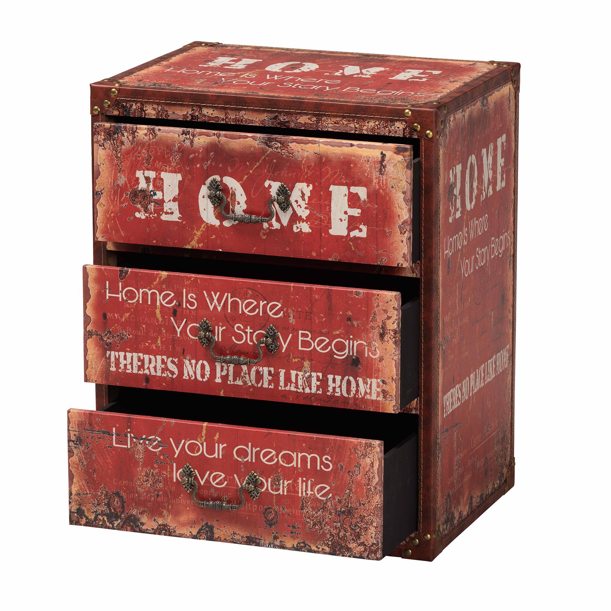 Lorand Vintage Faux Leather and Wood 3-Drawer Storage Trunk, RED, alternate image number 2