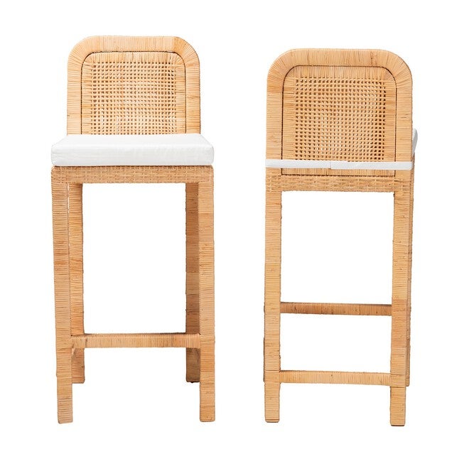 Zariah Modern Bohemian Natural Brown Rattan And Mahogany Wood Bar Stool, , on-hover image number null