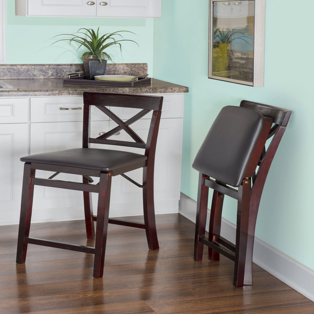 Pair of Triena X back folding counter bar stools with dark wood and gray seats
