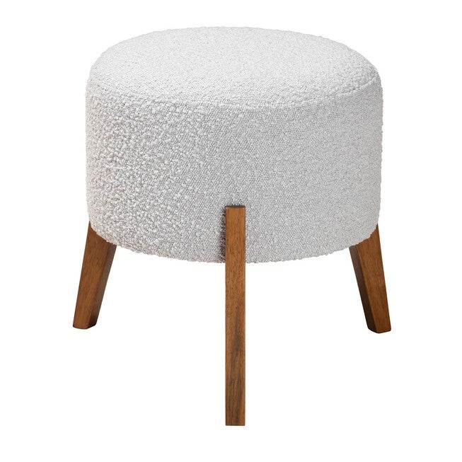 Elkie Japandi Cream Boucle Fabric And Walnut Brown Finished Wood Ottoman Footstool, GREY WALNUT BROWN, hi-res image number null