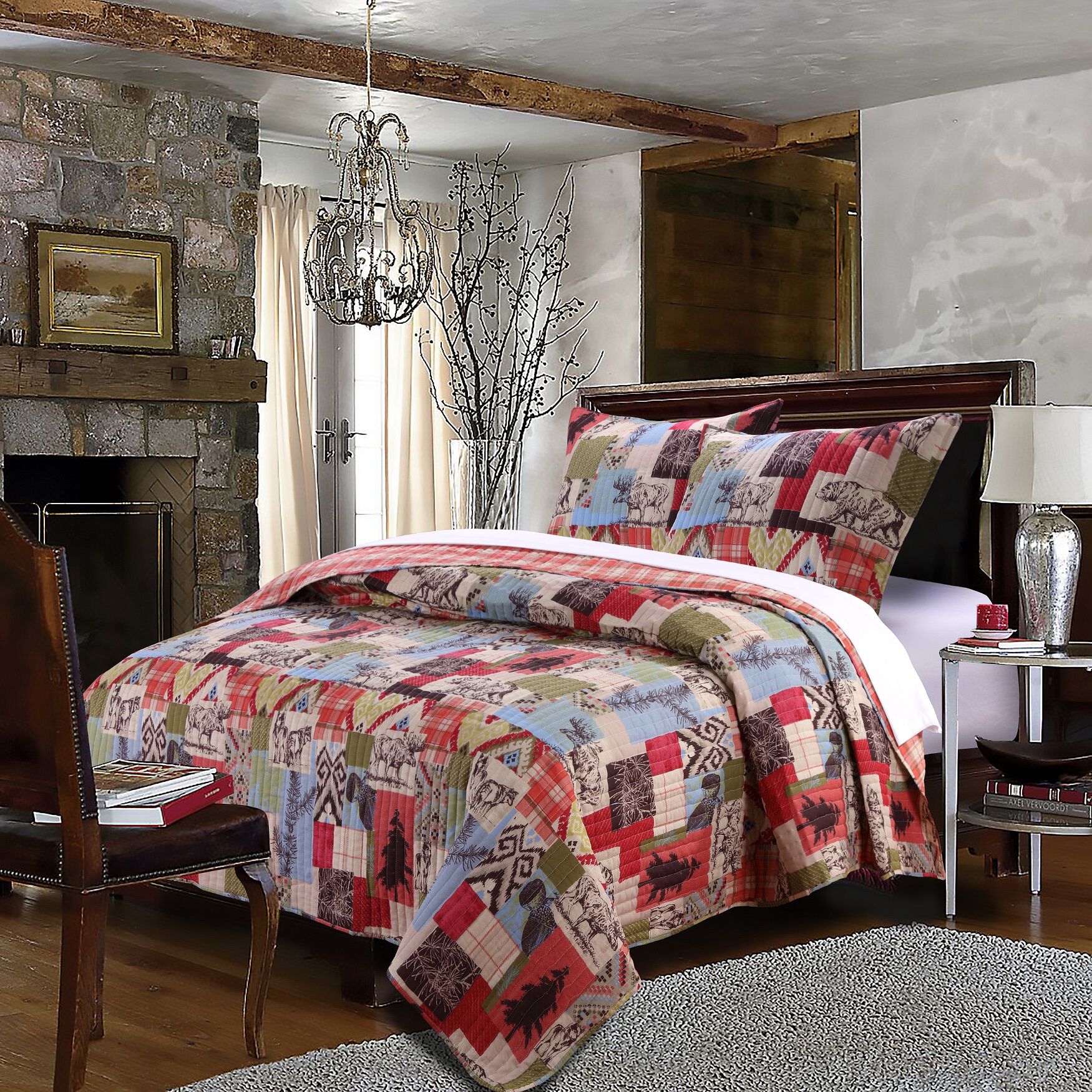 Rustic Lodge Quilt And Pillow Sham Set, MULTI, hi-res image number 0