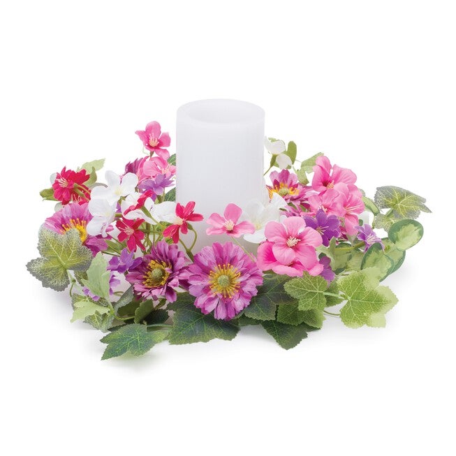 Mixed Daisy Floral Candle Ring 11.5 inchesD, GREEN PINK, hi-res image number 0
