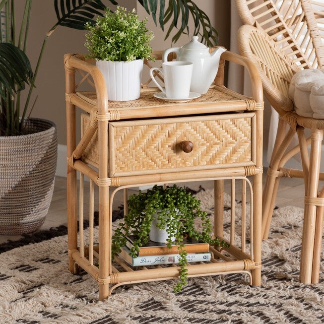 Kobie Modern Bohemian Natural Brown Rattan 1-Drawer Nightstand, , alternate image number null
