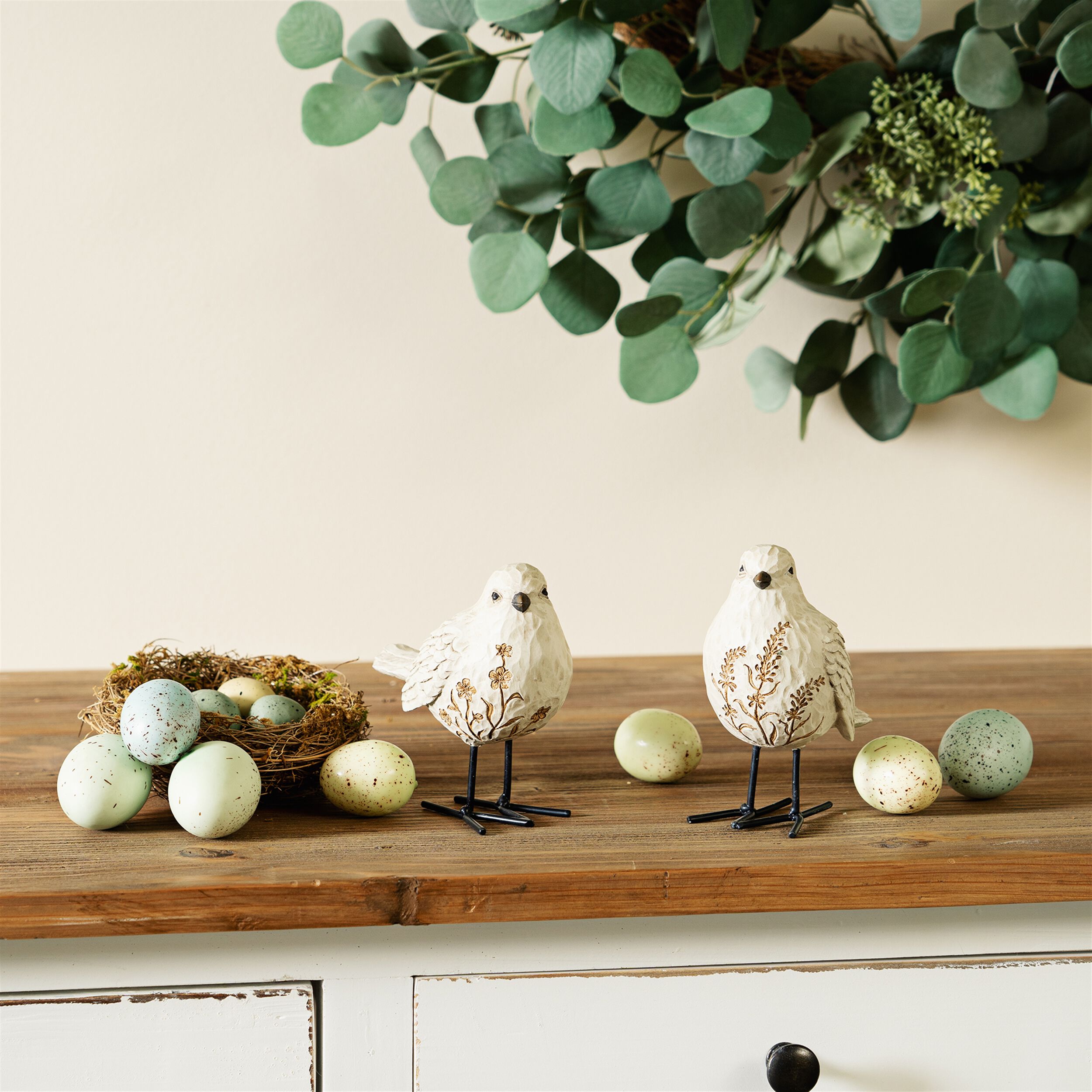 Bird Figurine with Carved Floral Design Set of 2, WHITE BROWN BLACK, alternate image number 1