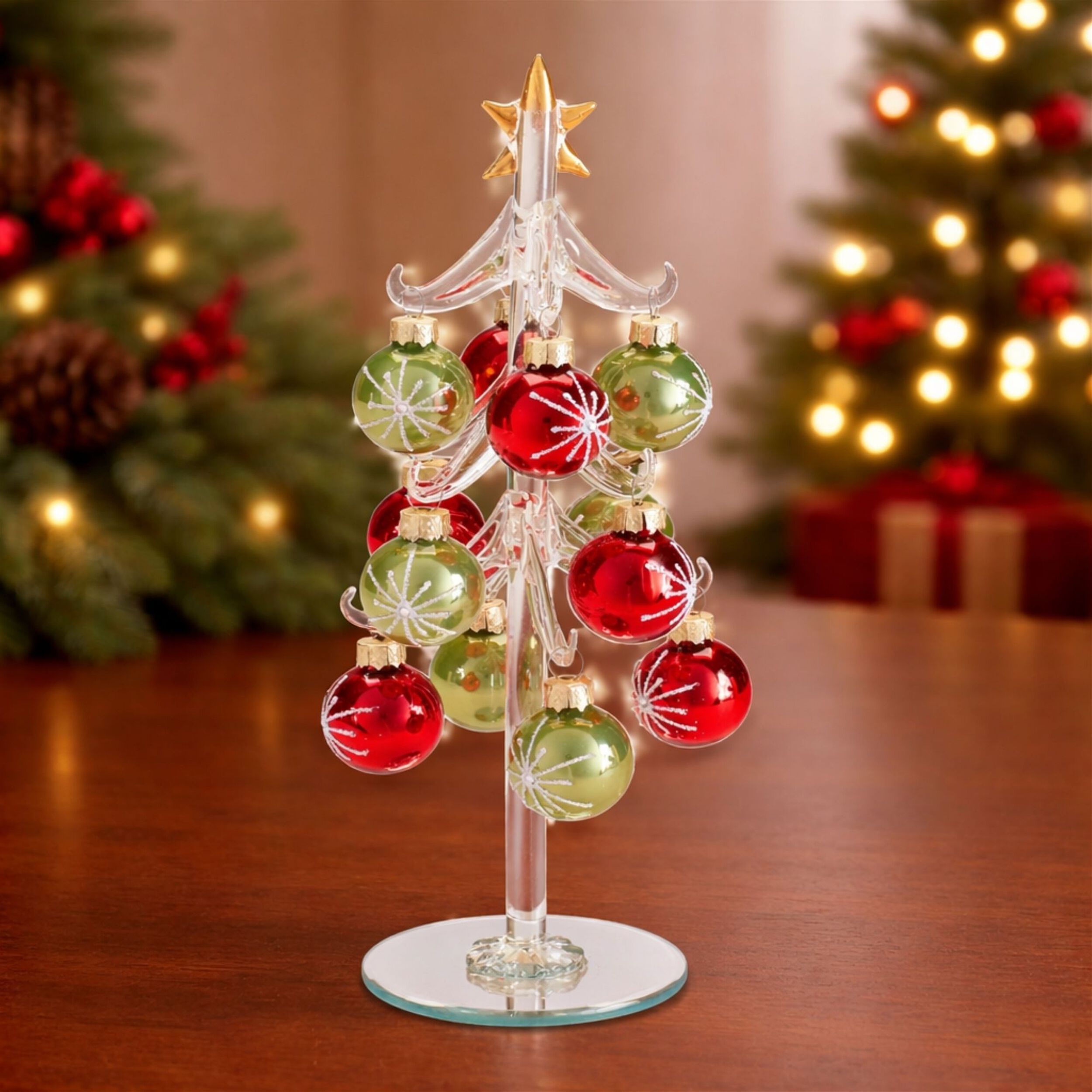 Glass Tree with Mini Ornaments 10 inchesH, RED GREEN CLEAR, alternate image number 3