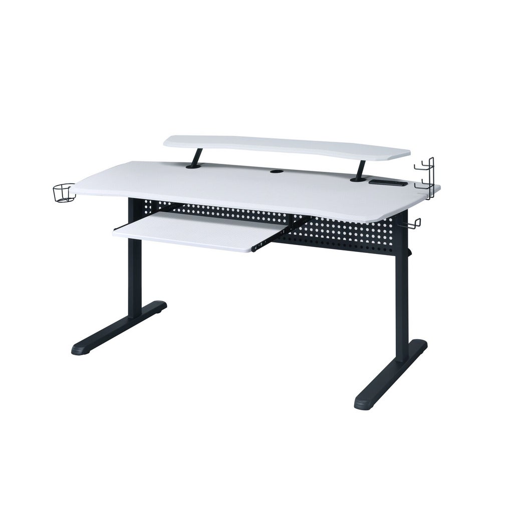 White desk with keyboard tray pulled out