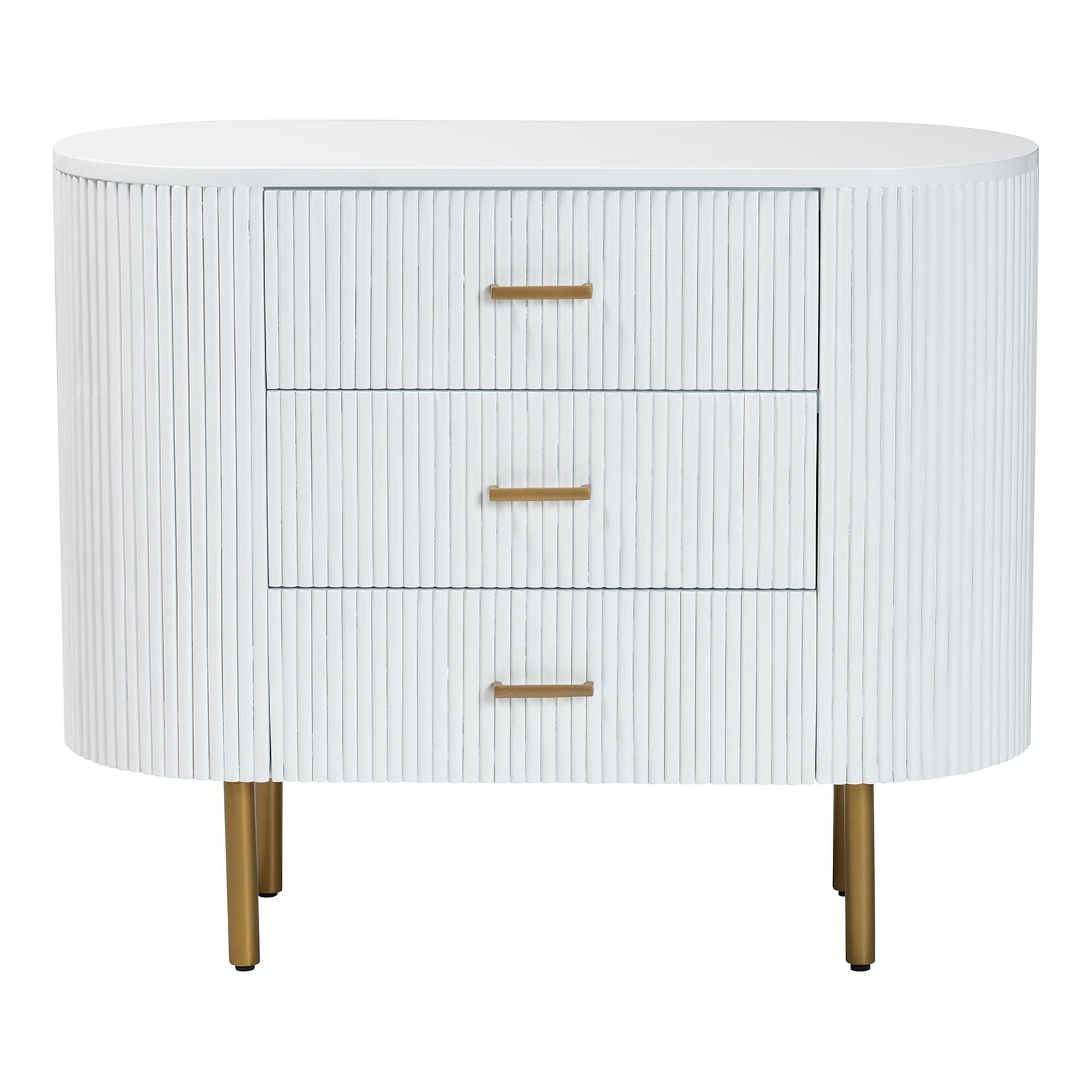 Beyla Mid-Century White Fluted Wood and Gold Metal 3-Drawer Dresser, WHITE, alternate image number 3