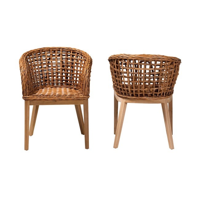 Mario Modern Bohemian Natural Brown Finished Teak Wood And Rattan 2-Piece Dining Chair Set, , on-hover image number 1