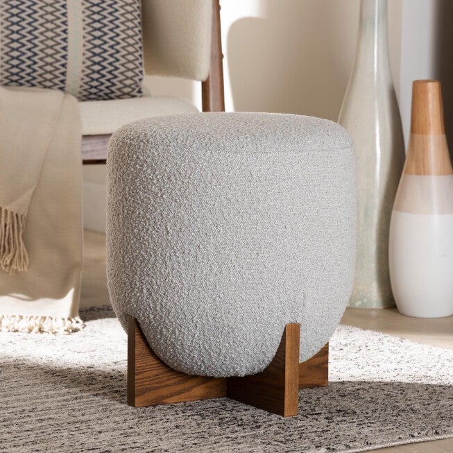 Fisk Japandi Cream Boucle Fabric And Walnut Brown Finished Wood Ottoman Footstool, , alternate image number null