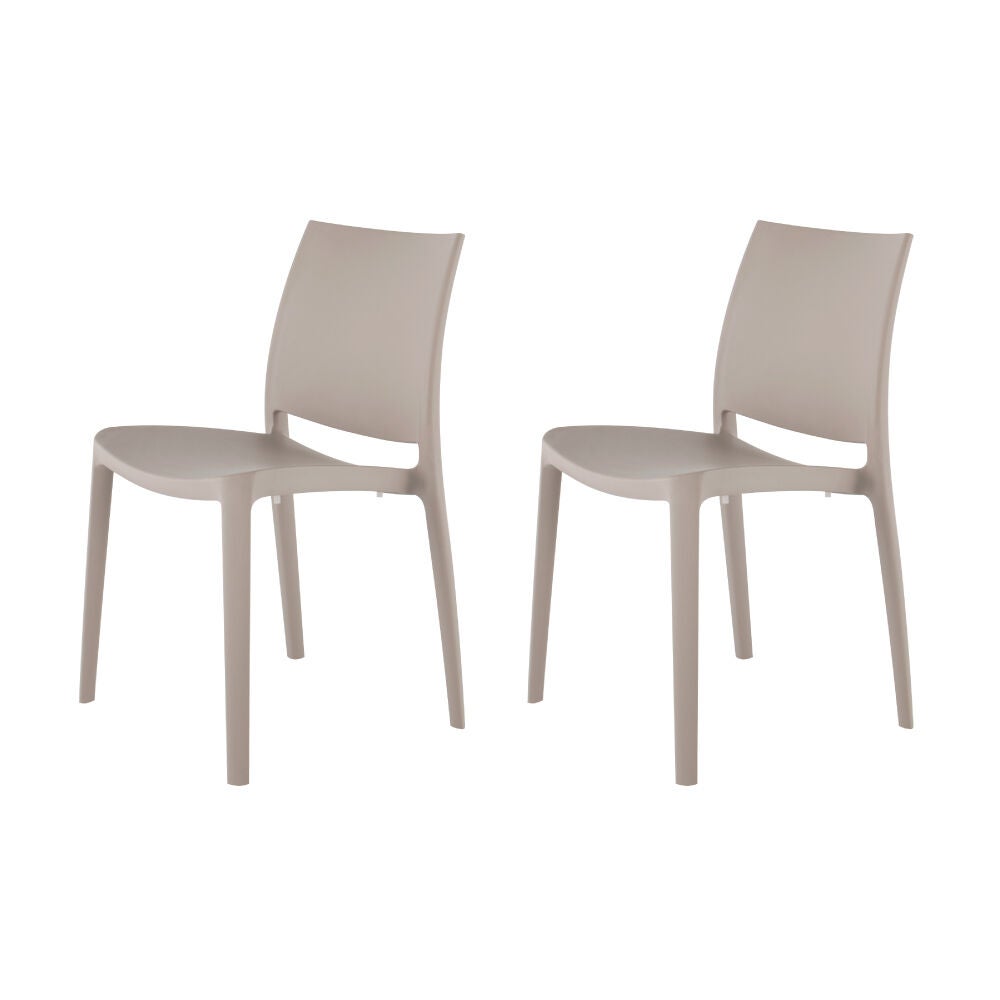Two matching stackable outdoor dining chairs in light taupe